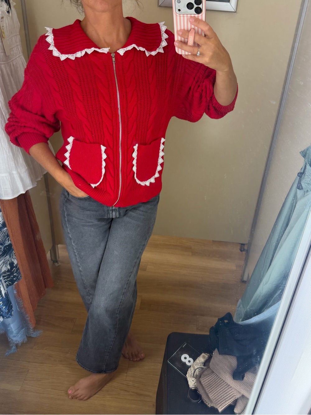 Jacqui E Red Zip-Front Teddy Jacket with White Trim
